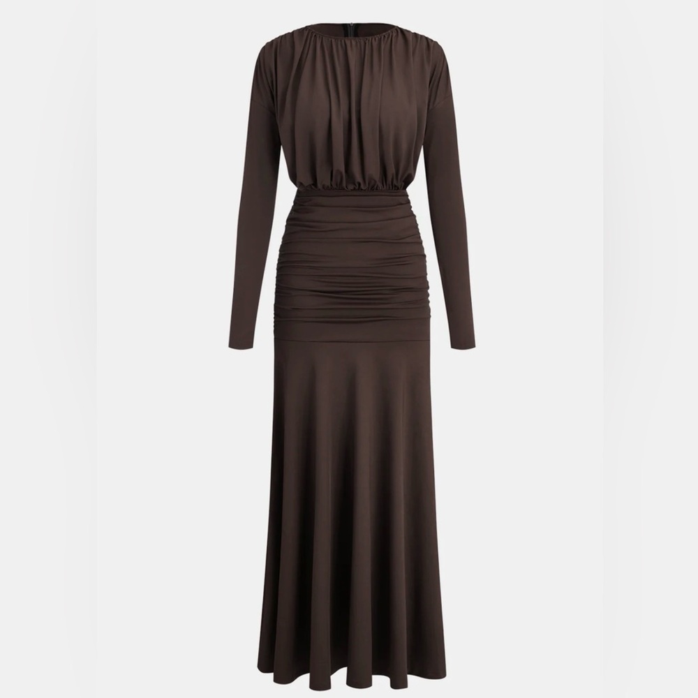 Commense Long-Sleeve Ruched Waist Mermaid Maxi Dress Elegant